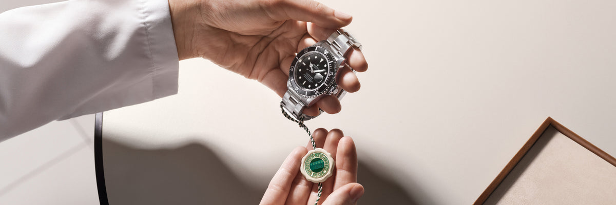 Rolex Certified Pre-Owned watch with a close up of the official swing tag.