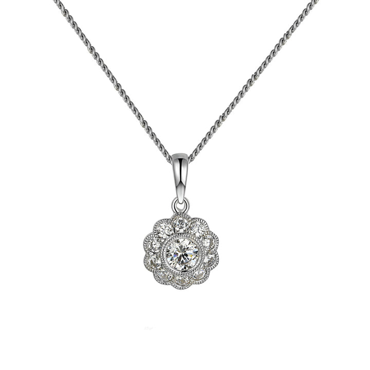 Amore Cubic Zirconia Silver Flower Cluster Necklace