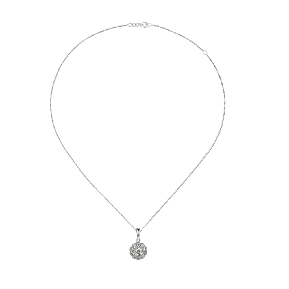 Amore Cubic Zirconia Silver Flower Cluster Necklace - Michael Jones Jeweller