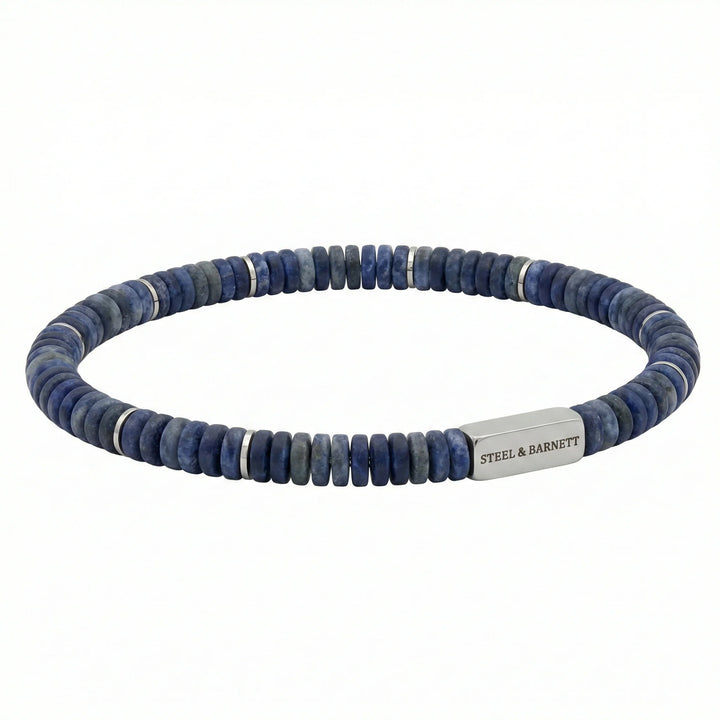 Steel and Barnett Two Tone Matte Sodalite Gemstone Stretch Disc Bracelet Small