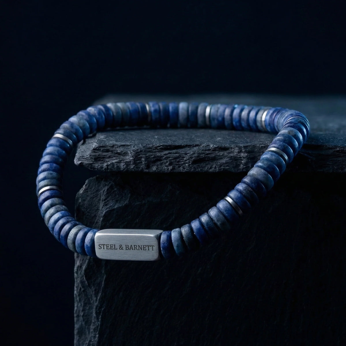 Steel and Barnett Two Tone Matte Sodalite Gemstone Stretch Disc Bracelet Medium