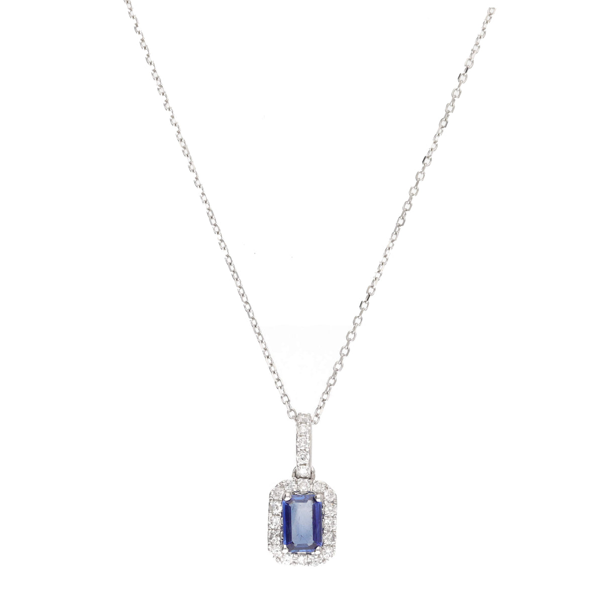 Rectangular Sapphire & Diamond 18ct White Gold Necklace - Michael Jones Jeweller
