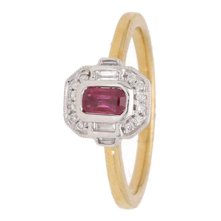 Ruby and Diamond 18ct Yellow and White Gold Rectangular Cluster Ring