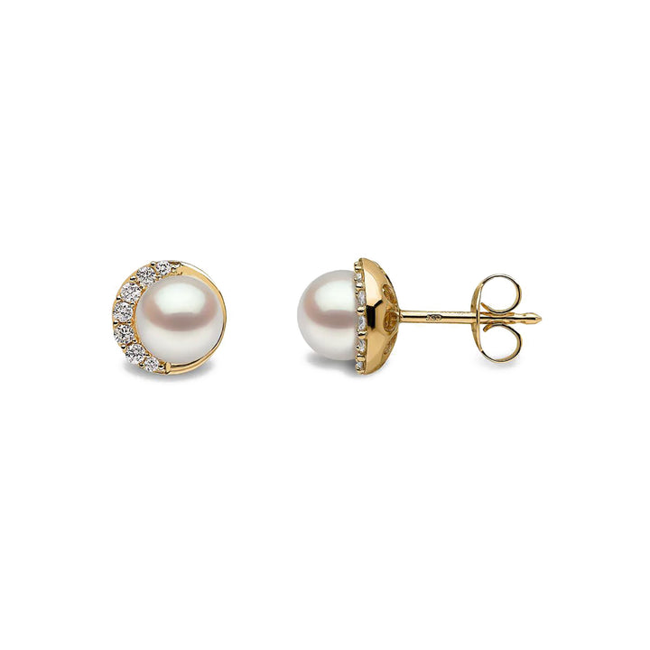 Yoko Trend Half Moon Freshwater Pearl and Diamond 18ct Yellow Gold Stud Earrings
