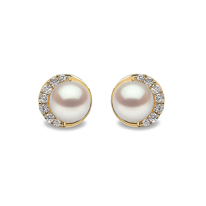 Yoko Trend Half Moon Freshwater Pearl and Diamond 18ct Yellow Gold Stud Earrings