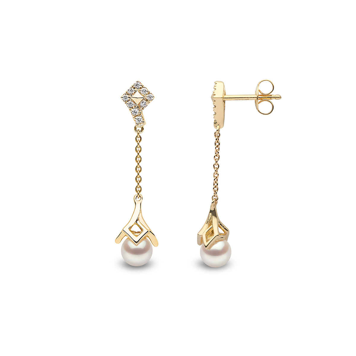 Yoko Trend Freshwater Pearl and Diamond 18ct Yellow Gold Motif Chain Drop Earrings - Michael Jones Jeweller