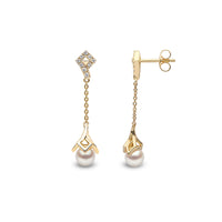 Yoko Trend Freshwater Pearl and Diamond 18ct Yellow Gold Motif Chain Drop Earrings