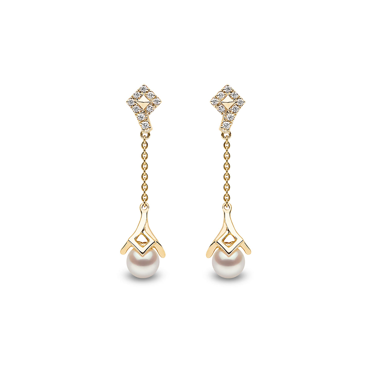 Yoko Trend Freshwater Pearl and Diamond 18ct Yellow Gold Motif Chain Drop Earrings - Michael Jones Jeweller