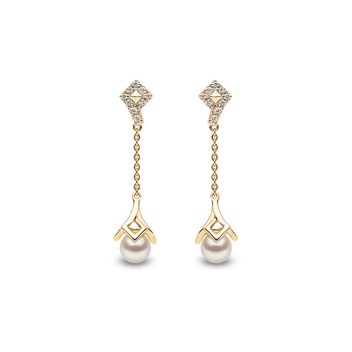Yoko Trend Freshwater Pearl and Diamond 18ct Yellow Gold Motif Chain Drop Earrings