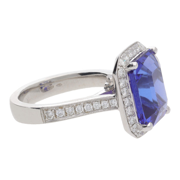 Tanzanite 7.69ct and Diamond Platinum Cluster Ring - Michael Jones Jeweller