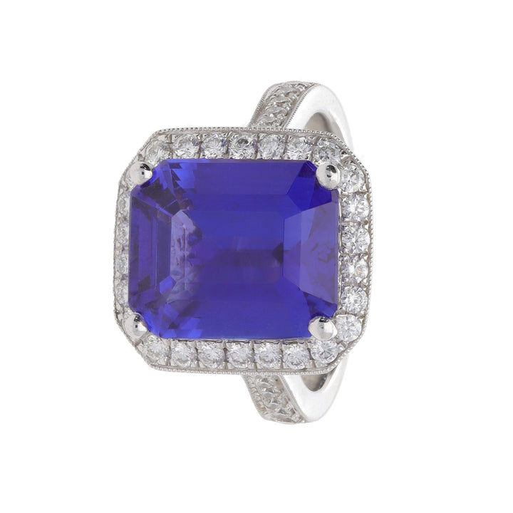 Tanzanite 7.69ct and Diamond Platinum Cluster Ring - Michael Jones Jeweller