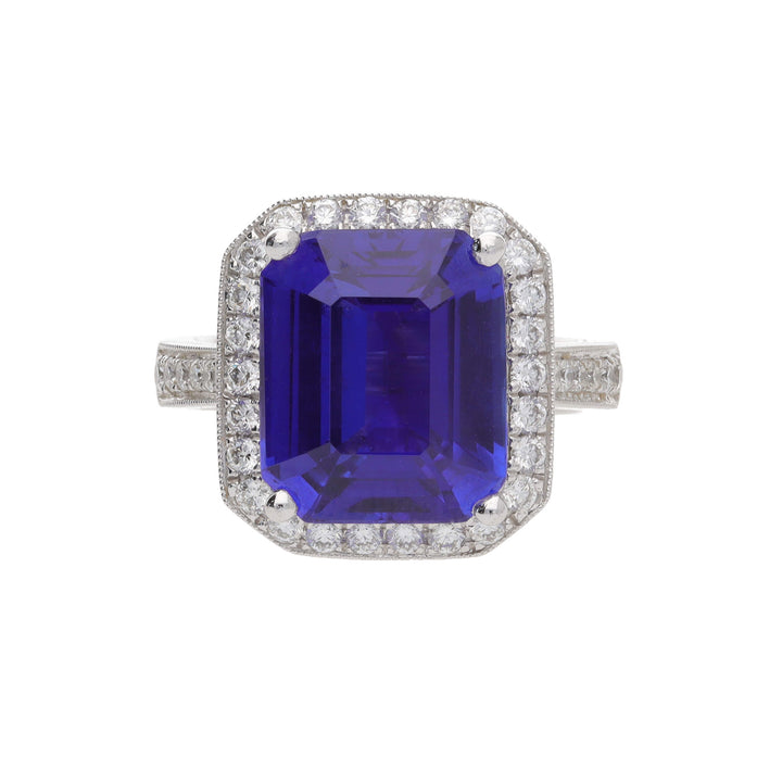 Tanzanite 7.69ct and Diamond Platinum Cluster Ring - Michael Jones Jeweller