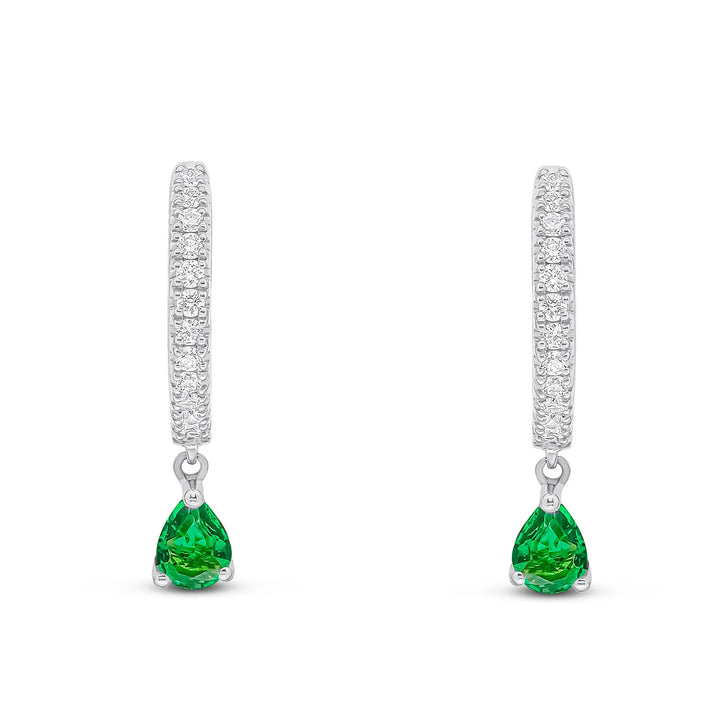 Diamond and Emerald Drop 18ct White Gold Hoop Earrings