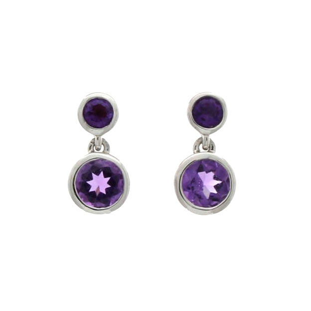 9ct White Gold and Amethyst Double Drop Earrings - Michael Jones Jeweller