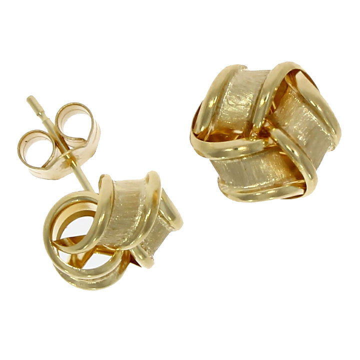Satin and Polished Ribbon 9ct Yellow Gold Knot Stud Earrings - Michael Jones Jeweller