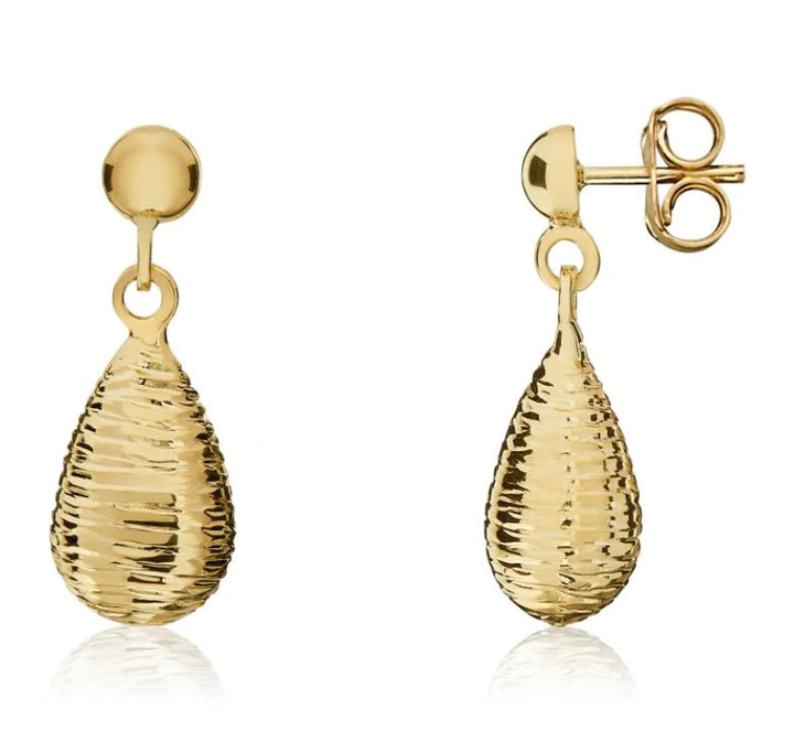 Ribbed 9ct Yellow Gold Drop Earrings - Michael Jones Jeweller