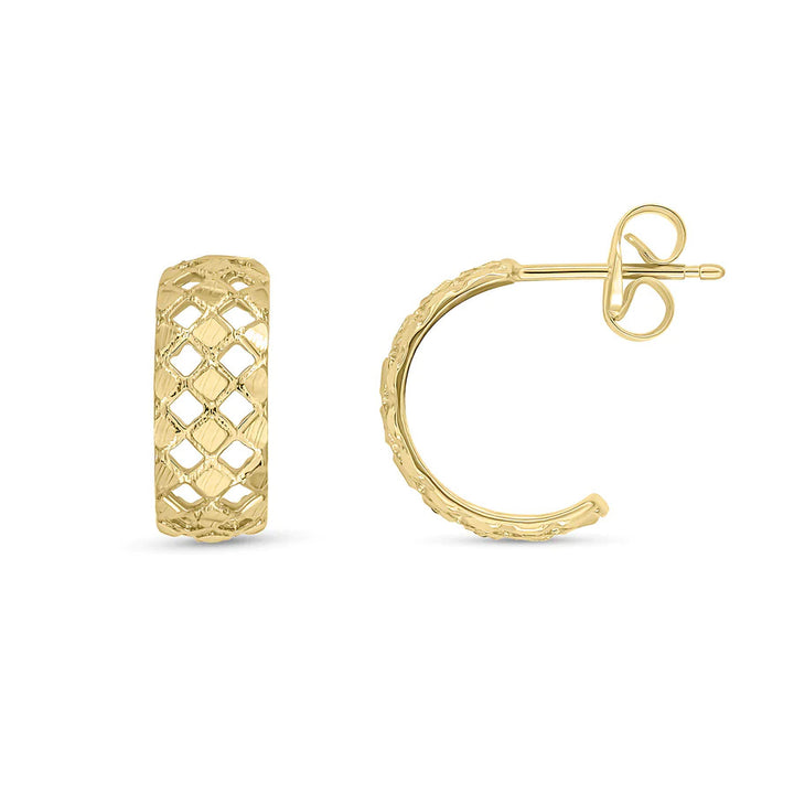 Lattice Effect 9ct Yellow Gold Half Hoop Earrings