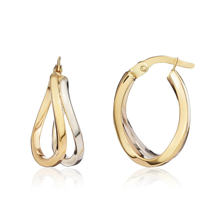 9ct Yellow and White Gold Double Wave Hoop Earrings