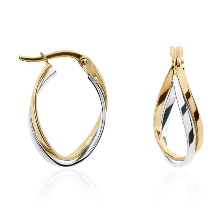 Oval Crossover 9ct Yellow And White Gold Hoop Earrings