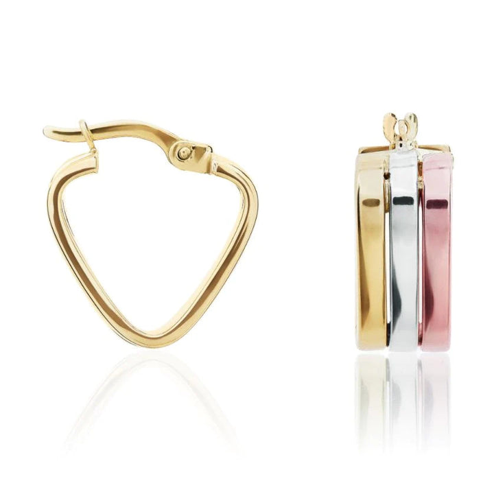 Three Colour 9ct Gold Triangle Hoop Earrings