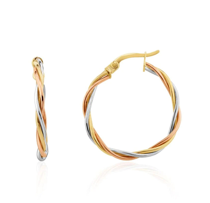 Three Colour 9ct Gold Twisted Hoop Earrings