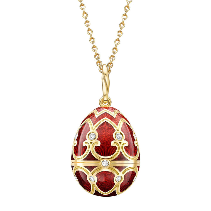 Fabergé Heritage Surprise Coronation Pendant 18ct Yellow Gold Diamond and Red Guilloché Enamel