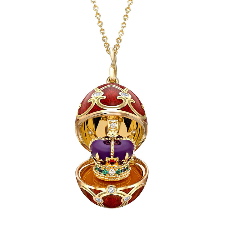 Fabergé Heritage Yellow Gold Diamond and Red Guilloché Enamel Coronation Crown Surprise Locket - Michael Jones Jeweller