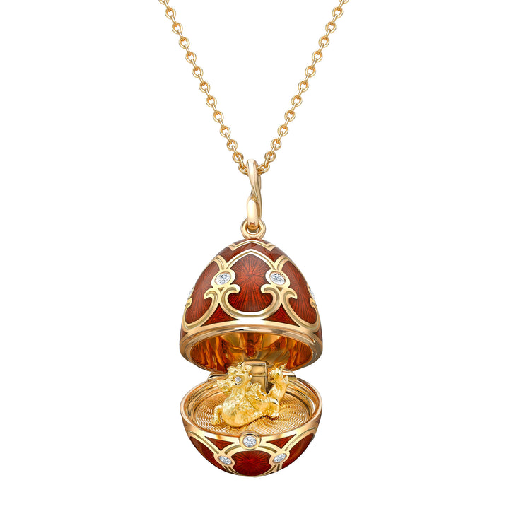 Fabergé Heritage Yellow Gold Red Guilloché Enamel Year of the Dragon Surprise Locket