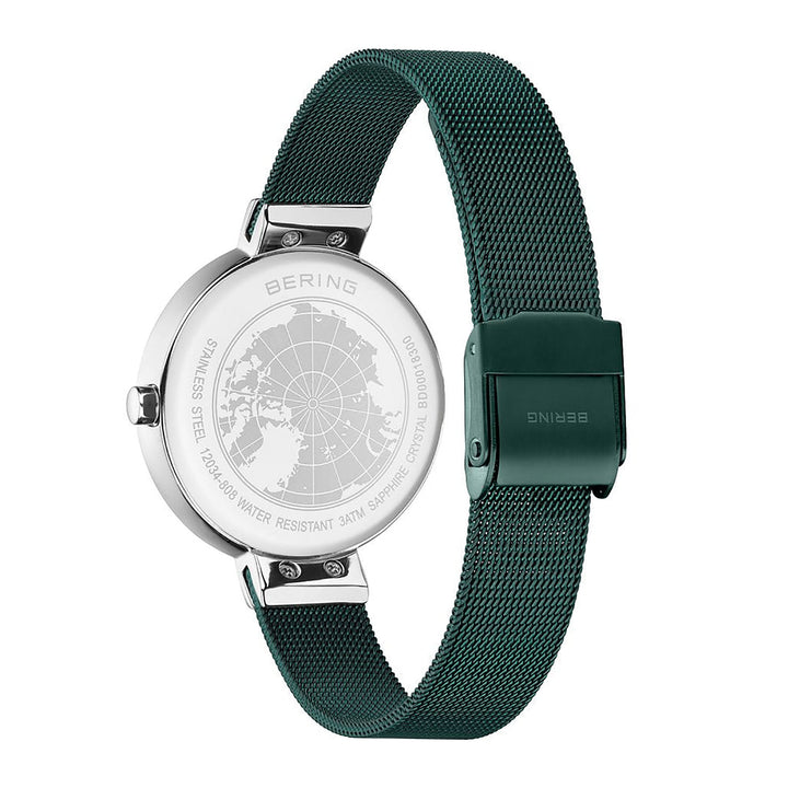 Bering Classic 34mm Polished Silver Green Watch 12034-808