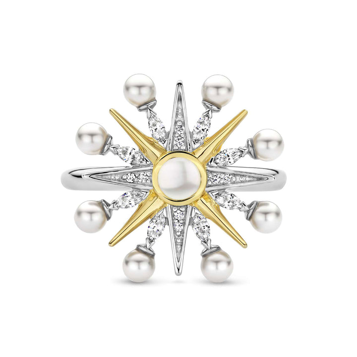 Ti Sento Yellow Gold Plated Cubic Zirconia Pearl White Star Ring