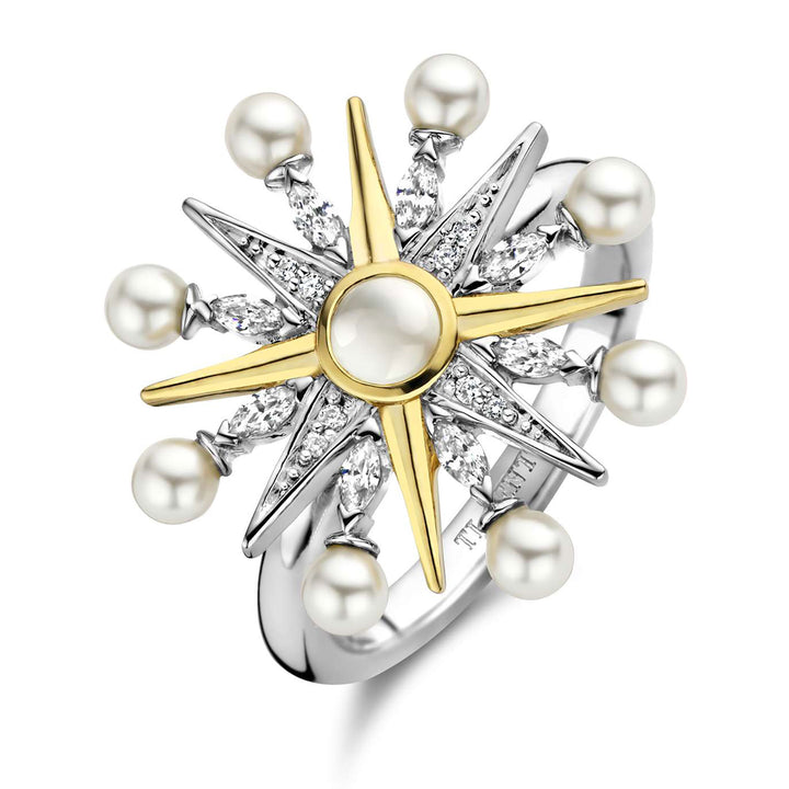 Ti Sento Yellow Gold Plated Cubic Zirconia Pearl White Star Ring