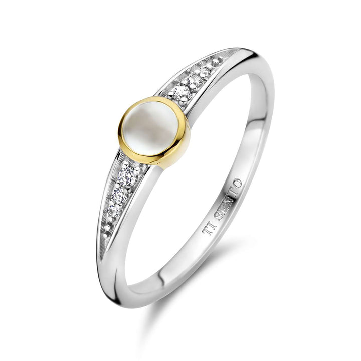 Ti Sento Yellow Gold Plated Cubic Zirconia Mother of Pearl White Ring