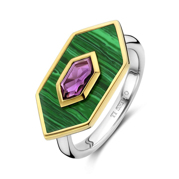 Ti Sento Yellow Gold Plated Malachite Green and Amethyst Purple Hexagonal Ring - Michael Jones Jeweller