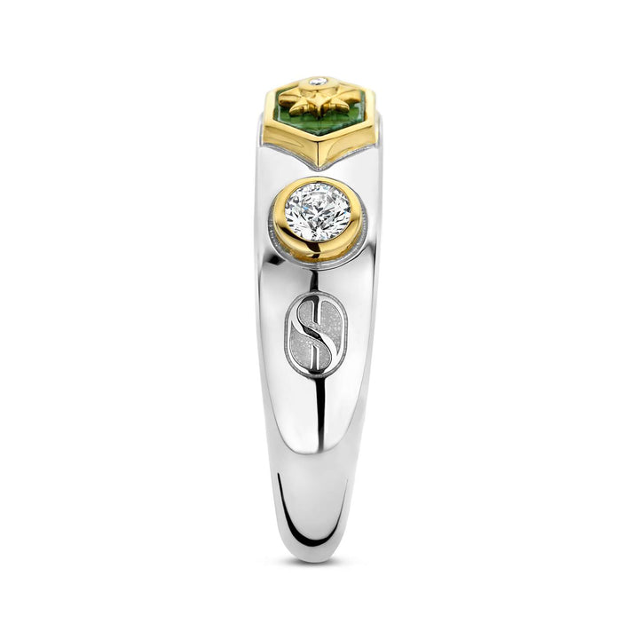 Ti Sento Yellow Gold Plated Pearl White Malachite Green and Amethyst Purple Star Motif Hexagonal Ring - Michael Jones Jeweller