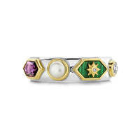 Ti Sento Yellow Gold Plated Pearl White Malachite Green and Amethyst Purple Star Motif Hexagonal Ring - Michael Jones Jeweller