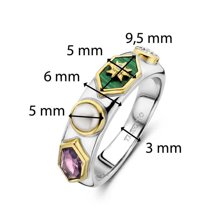 Ti Sento Yellow Gold Plated Pearl White Malachite Green and Amethyst Purple Star Motif Hexagonal Ring - Michael Jones Jeweller