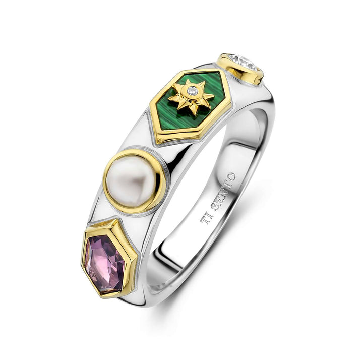 Ti Sento Yellow Gold Plated Pearl White Malachite Green and Amethyst Purple Star Motif Hexagonal Ring - Michael Jones Jeweller