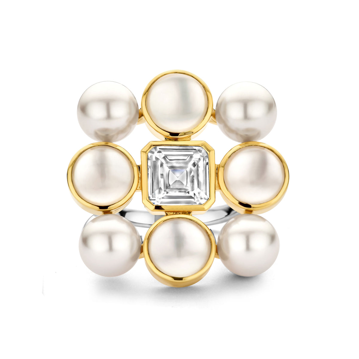 Ti Sento Yellow Gold Plated Synthetic Pearl and Cubic Zirconia Cluster Ring - Michael Jones Jeweller
