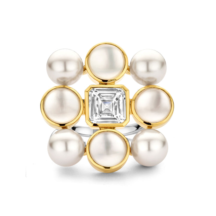 Ti Sento Yellow Gold Plated Synthetic Pearl and Cubic Zirconia Cluster Ring