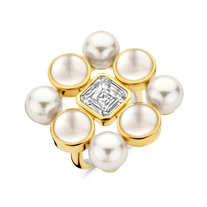 Ti Sento Yellow Gold Plated Synthetic Pearl and Cubic Zirconia Cluster Ring 12324YP (54)