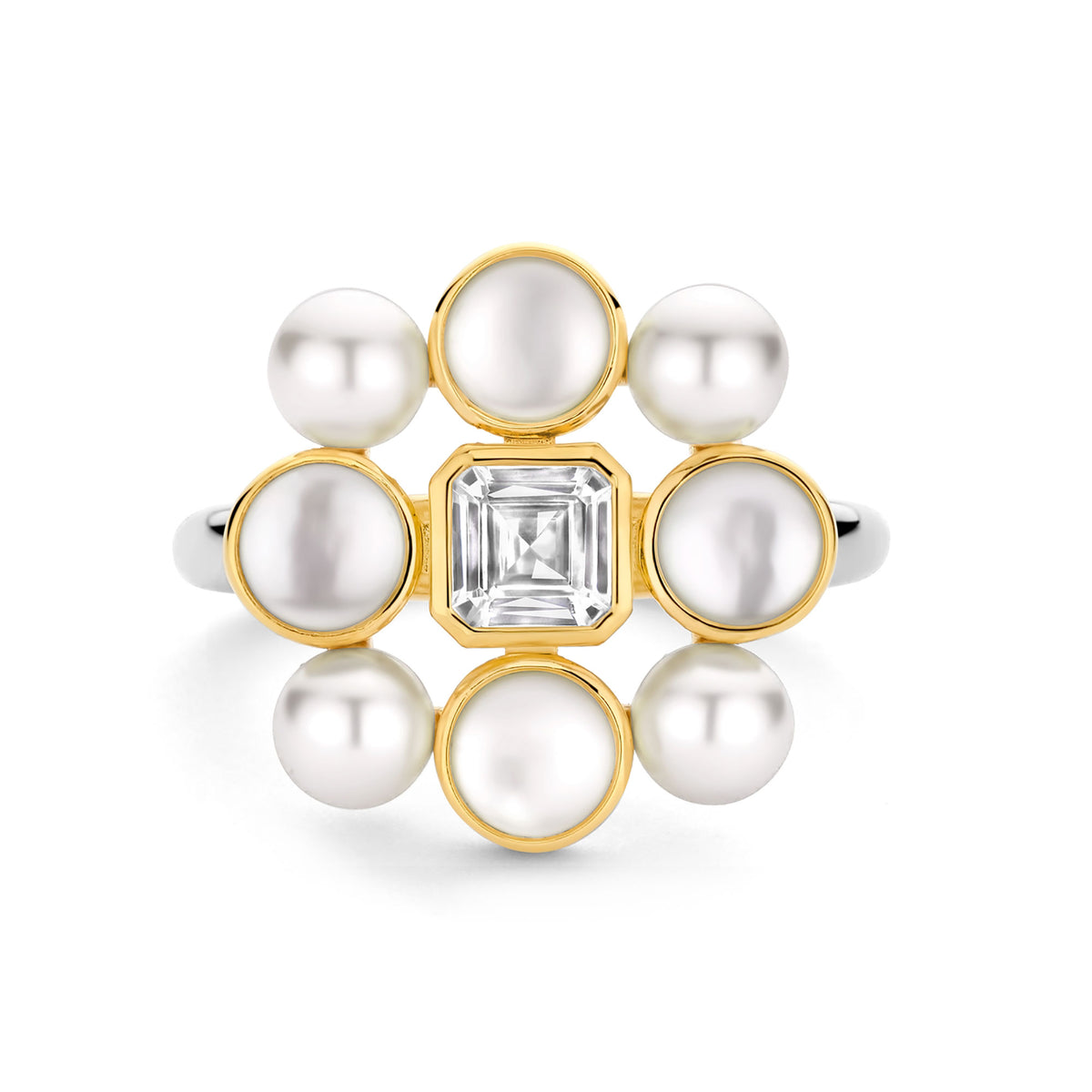 Ti Sento Yellow Gold Plated Synthetic Pearl and Cubic Zirconia Cluster Ring - Michael Jones Jeweller