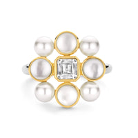 Ti Sento Yellow Gold Plated Synthetic Pearl and Cubic Zirconia Cluster Ring