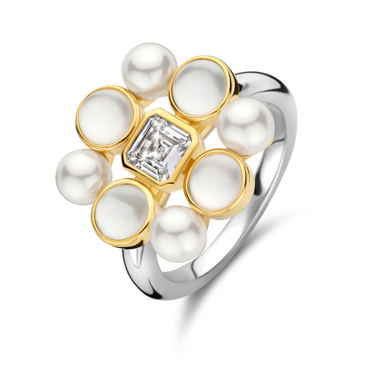 Ti Sento Yellow Gold Plated Synthetic Pearl and Cubic Zirconia Cluster Ring 12325YP (56)