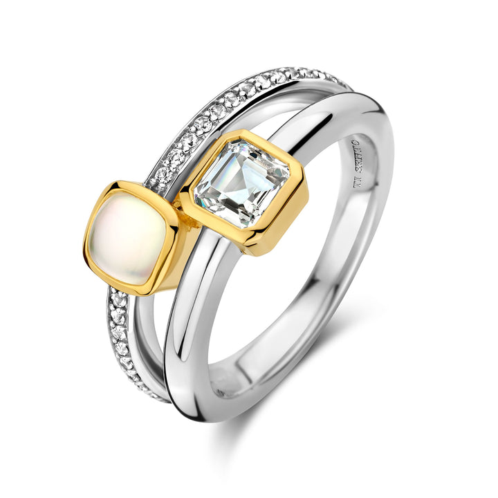 Ti Sento Yellow Gold Plated Mother of Pearl White and Cubic Zirconia Double Ring