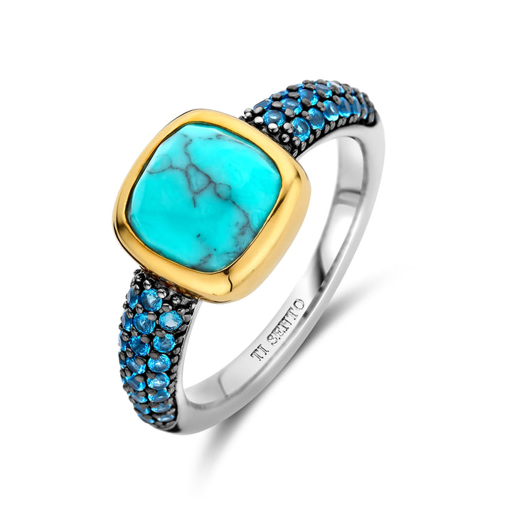 Ti Sento Yellow Gold Plated Turquoise Blue and Cubic Zirconia Ring
