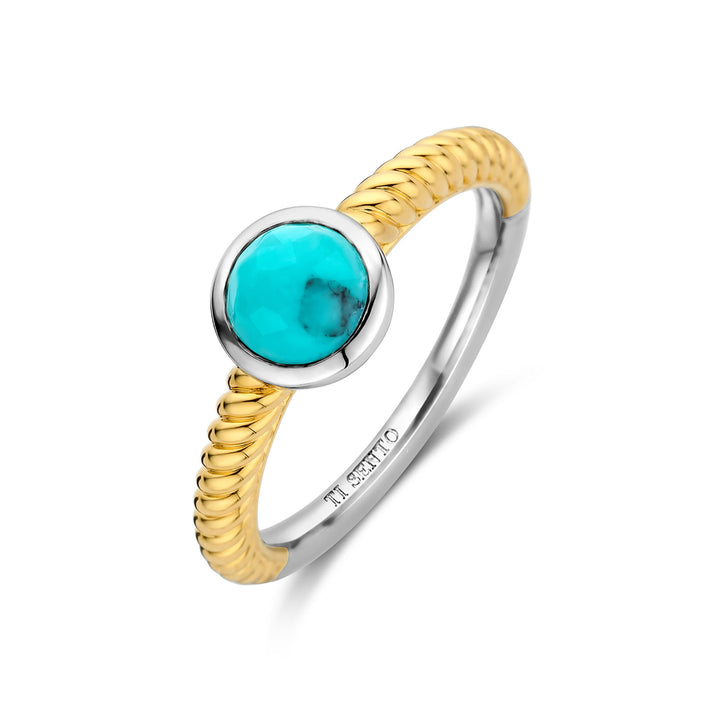 Ti Sento Yellow Gold Plated Turquoise Blue Rope Twist Ring