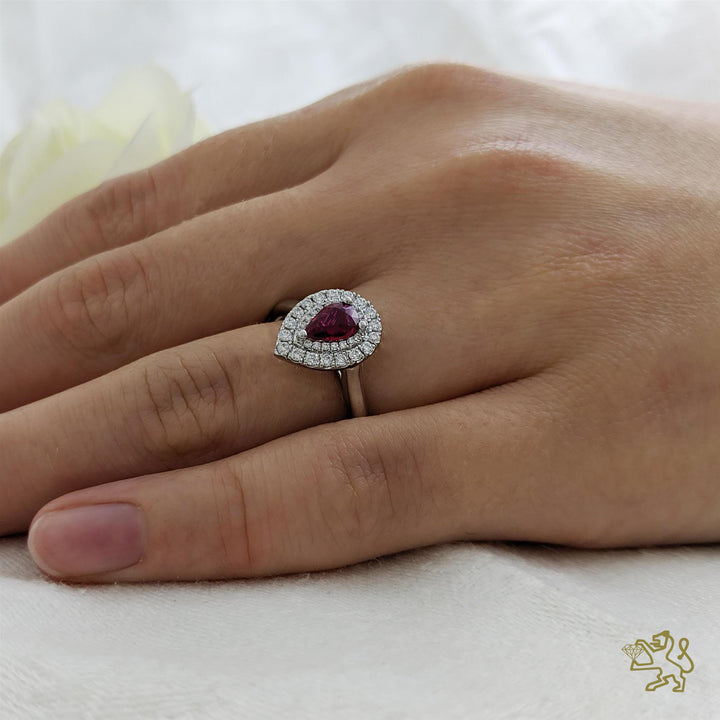 Skye Duo Pear Halo 0.38ct Ruby Platinum Ring