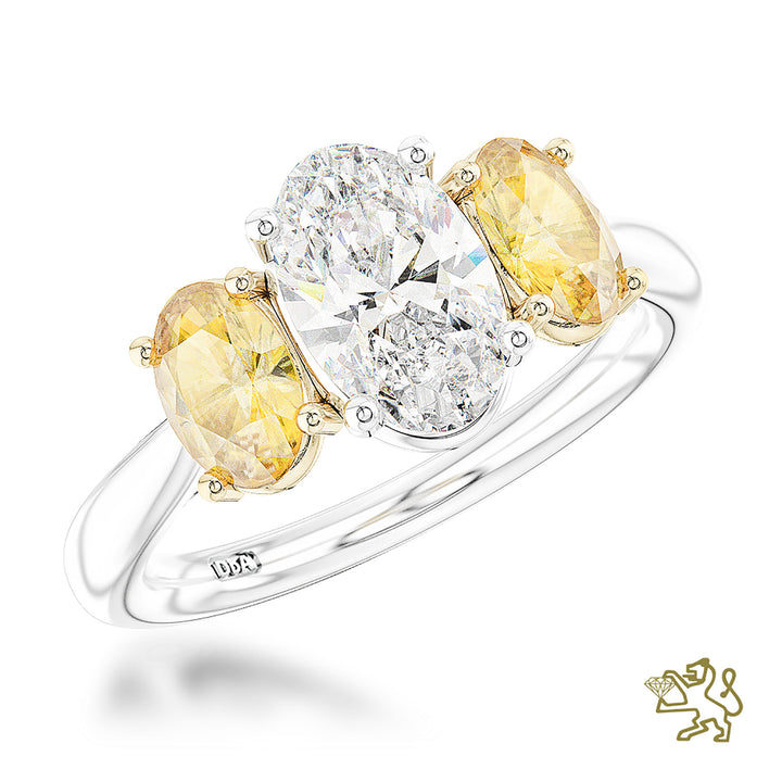 Florentine Iconic Oval Three Stone 0.80ct Yellow Diamond Platinum Ring - Michael Jones Jeweller