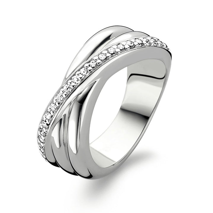 Ti Sento Cubic Zirconia Silver Two Band Crossover Ring