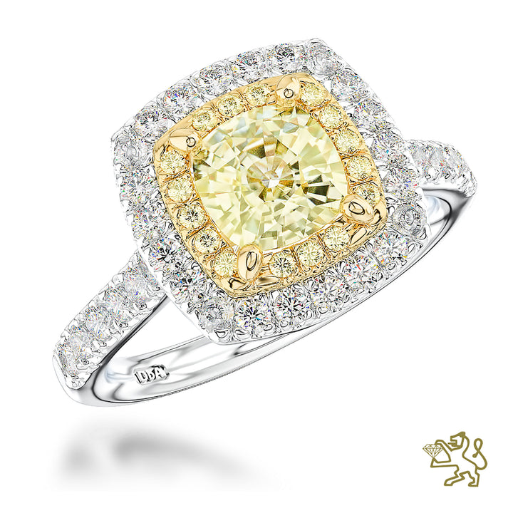 Skye Duo Cushion 2.02ct Yellow Diamond Platinum Ring - Michael Jones Jeweller